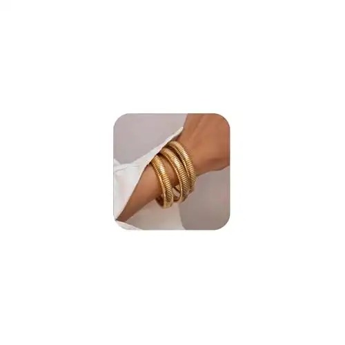 Gold Bangles for Women Chunky Stretch Bangles Bracelets Set 18K Gold Plated Stainless Steel Link Chain Bracelets Flexible Wide Wristband Bracelets Set of 3 Jewelry for Women