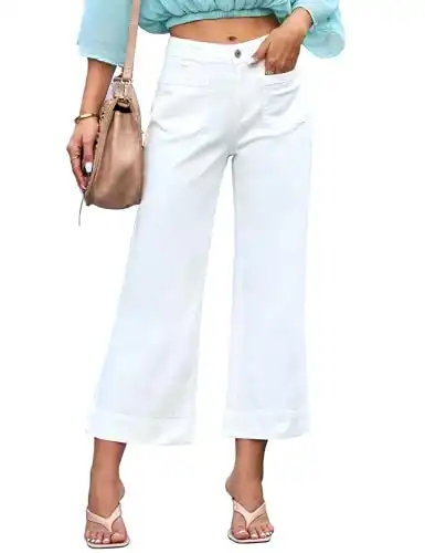Wide Leg Jeans for Women Trendy High Waisted Flare Jeans Cropped Denim Pants Stretchy with Patch Pockets High Rise Flare Jeans