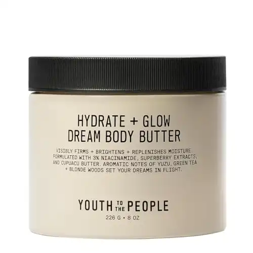Youth To The People Superberry Hydrate + Glow Dream Body Butter - 3% Niacinamide + Jojoba Oil, Shea + Cupuaçu Butters - 48HR Moisture - Brighten + Firm - Calming Yuzu + Green Tea Scent - Vegan (8oz)