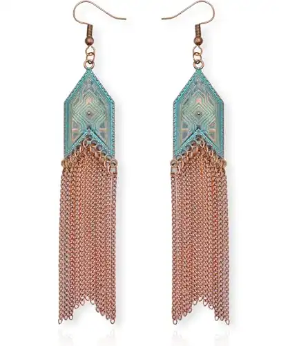 Soul Statement Western Jewelry for Women: Nashville Boho Earrings, Teal Copper & Long Bronze Tassel Chains, Country Concert and Festival Accessories