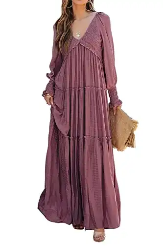 Maxi Dress for Women Long Sleeve V Neck Empire Waist Layered Ruffle Boho Casual Flowy Long Dresses