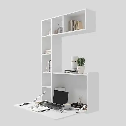 Floating Desk, Wall Mounted Writing Desk with Storage Shelves, Folding Home Office Desk for Small Spaces, Study, Bedroom, or Living Room, White