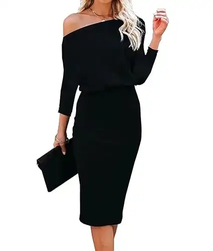 Women's Off The Shoulder 3/4 Sleeve Batwing HIPS-Wrap Pencil Party Sexy Bodycon Midi Dress