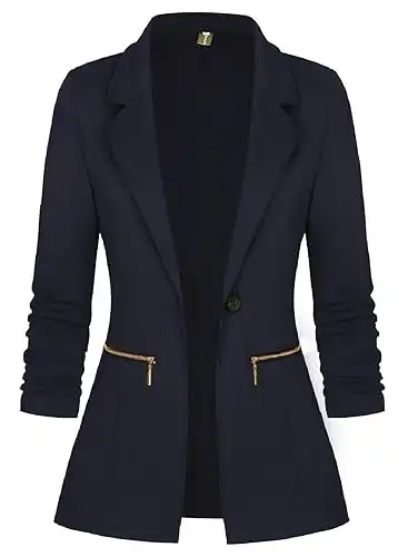 Long Sleeve Blazer Open Front Cardigan Jacket Work Office Blazer with Zipper Pockets
