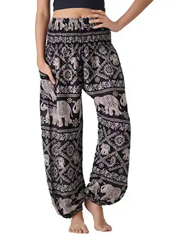 Harem Pants Women Hippie Clothes Boho Pants with Pocket (Black Elephant, One Size)