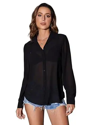 Mesh Sheer Long Sleeve Shirt See Through Button Down Blouse Top