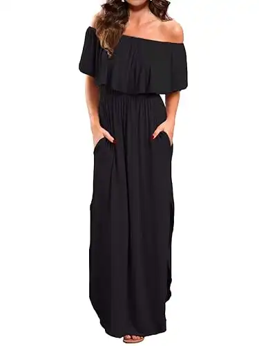 Women's Off Shoulder Summer Casual Long Ruffle Beach Maxi Dress with Pockets