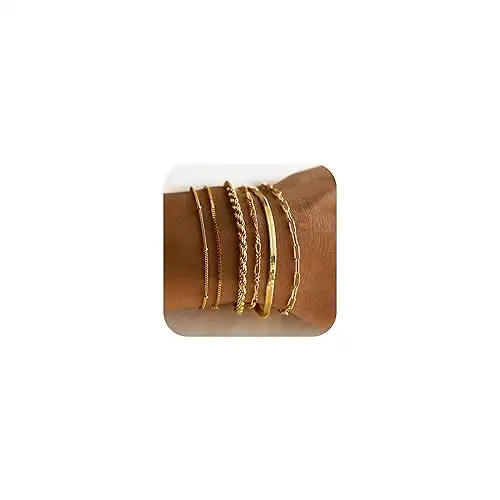 Gold Bracelets for Women Waterproof, 14K Real Gold Jewelry Sets for Women Trendy Thin Dainty Stackable Cuban Link Paperclip Chain Bracelet Pack Fashion Accessories Gifts for Womens