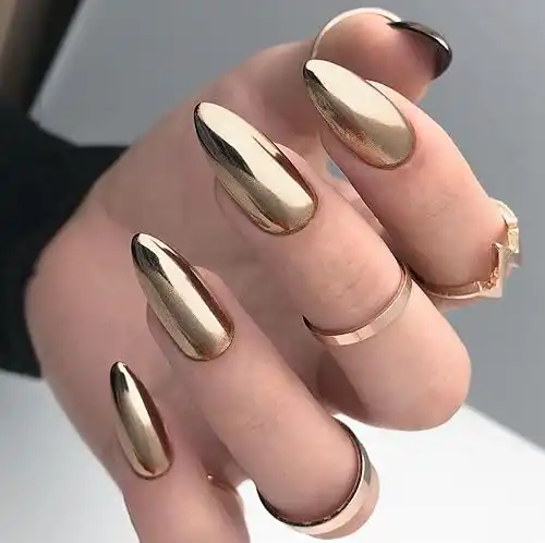 24PCS Press On Nails, Mirror Metal Stiletto Almond Medium Shape (Light Gold)