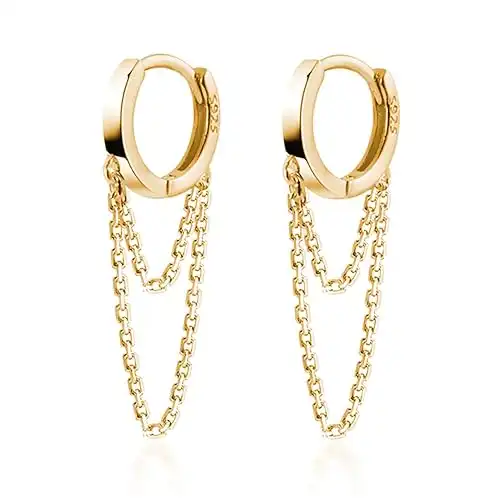 Solid 925 Sterling Silver Tassel Chain Drop Dangle Small Hoop Earrings Huggie for Women Teen