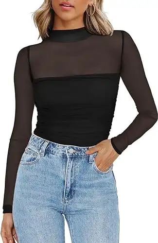 Sexy Mock Turtle Neck Long Sleeve Tops Sheer Mesh Ruched Trendy Going Out Shirts Blouse