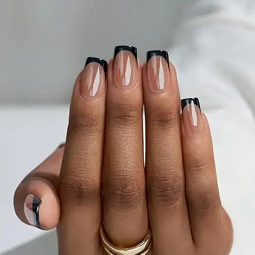 Press on Nails Short Square - New Year Black Chrome French Tip