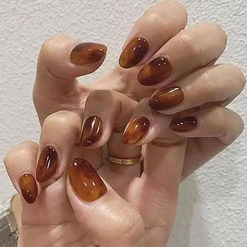Press on Nails Medium Oval, Ice Amber Ombre Brown Matte Acrylic Glue on Gel Nails