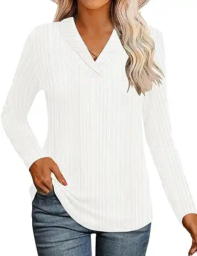 Long Sleeve Tops V Neck Casual Shirts Lapel Blouses Dressy Business Fall Knit Thin Pullover Tunic Tops