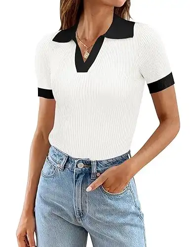 Polo V Neck Short Sleeve T Shirts Slim Fitted Ribbed Knit Casual Tee Tops