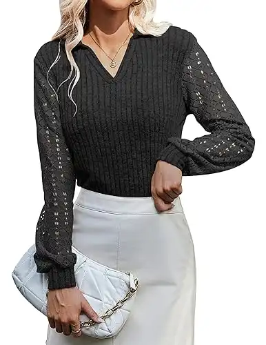 V Neck Long Sleeve Shirts for Women Polo Shirts Fall Textured Tunic Tops 2024 Lace
