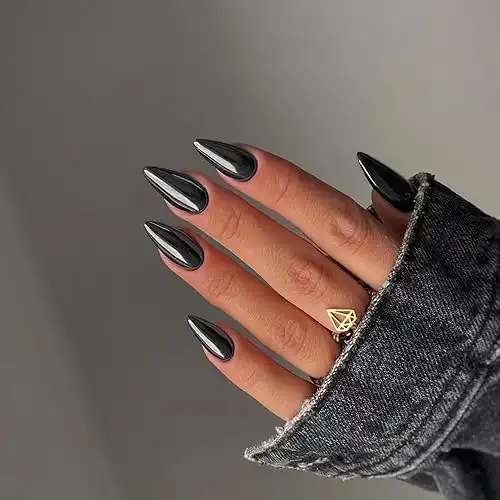 Smoky Grey Chrome Press on Nails Medium Almond, Mirror Metal Stiletto