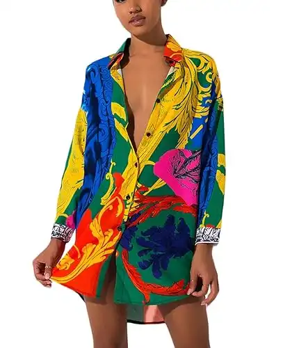Shirts Dresses for Women Button Down - Floral Long Sleeve Blouse Tops Mini Dress Small Multi