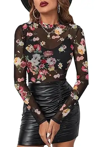 Mesh Top Floral Mesh Long Sleeve Tops Mock Neck See Through Tops Fitted