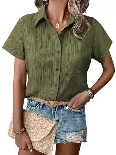 Button Down Shirt Short Sleeve Dress Shirt V Neck Collared Button Up Summer Tops Textured Work Blouse