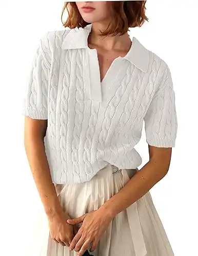 Short Sleeve Sweater Pullover Polo Tops V Neck Knit Casual Soft Pullover Shirt