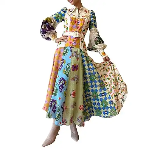 Maxi Dress Loose Long Sleeve Boho Dress Flowy Graffiti Long Aline