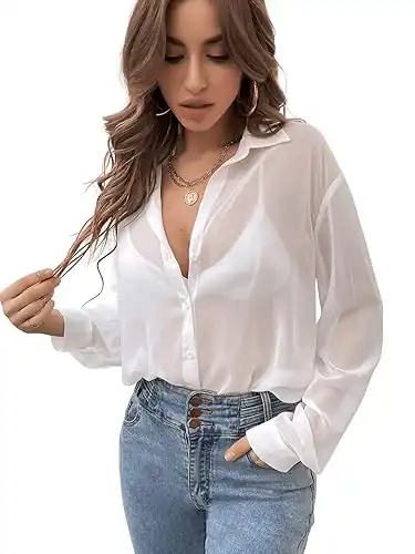 Sheer Mesh Button Down Shirt Top Long Sleeve Drop Shoulder Blouse