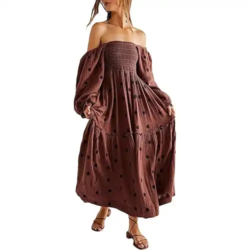 Women Floral Embroidered Maxi Dress Long Puff Sleeve Square Neck Bohemian Flowy Dress with Pockets Smocked