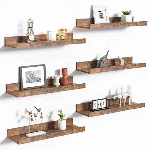 Floating Shelves for Wall, Wood Mounted Shelf Decor Storage Set of 6, for Bedroom, Living Room, Bathroom, Kitchen, Picture Ledge, Brown