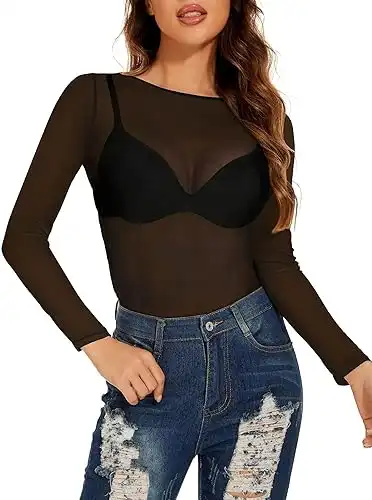 Mesh Tops See Through Shirts Long Sleeve Bodycon Sheer Blouse