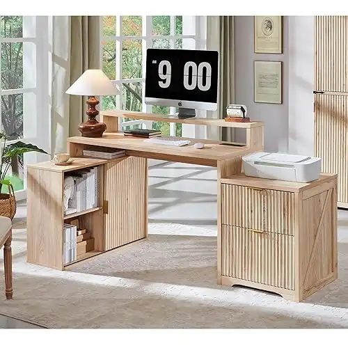 Modern L Shaped Desk with Storage Cabinet & Drawers, Wood Home Office Desk with Power Outlets, Fluted Computer Writing Desk, Natural Oak