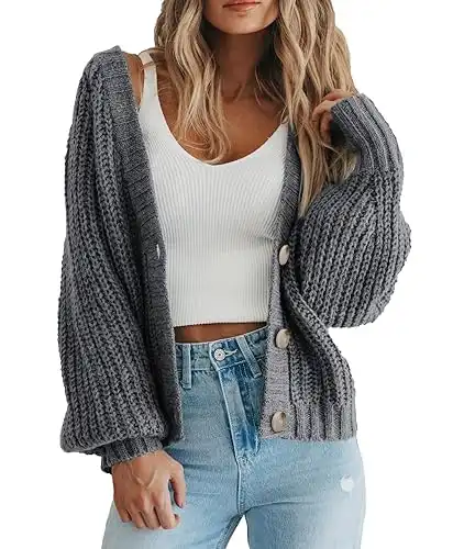 Chunky Knit Open Front Sweater Long Sleeve Button Loose Short Cardigan Outerwear Coats