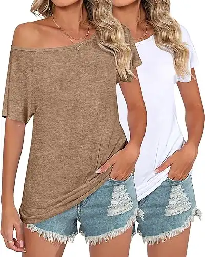 2 Pack Women's Off The Shoulder Tops, Short Bat Wing Sleeve Off Shoulder Shirts Casual Summer Loose Tunics Tee Blouse