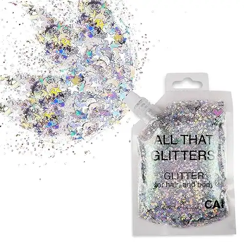 Body Face & Hair Glitter Gel (1 Pk Silver) Chunky Iridescent Holograph Stars & Moon, 3 oz Cosmetic Grade Makeup, Cruelty Free Apply Without Glue, Easy to Take Off Keeps Skin Clean- for Concert...