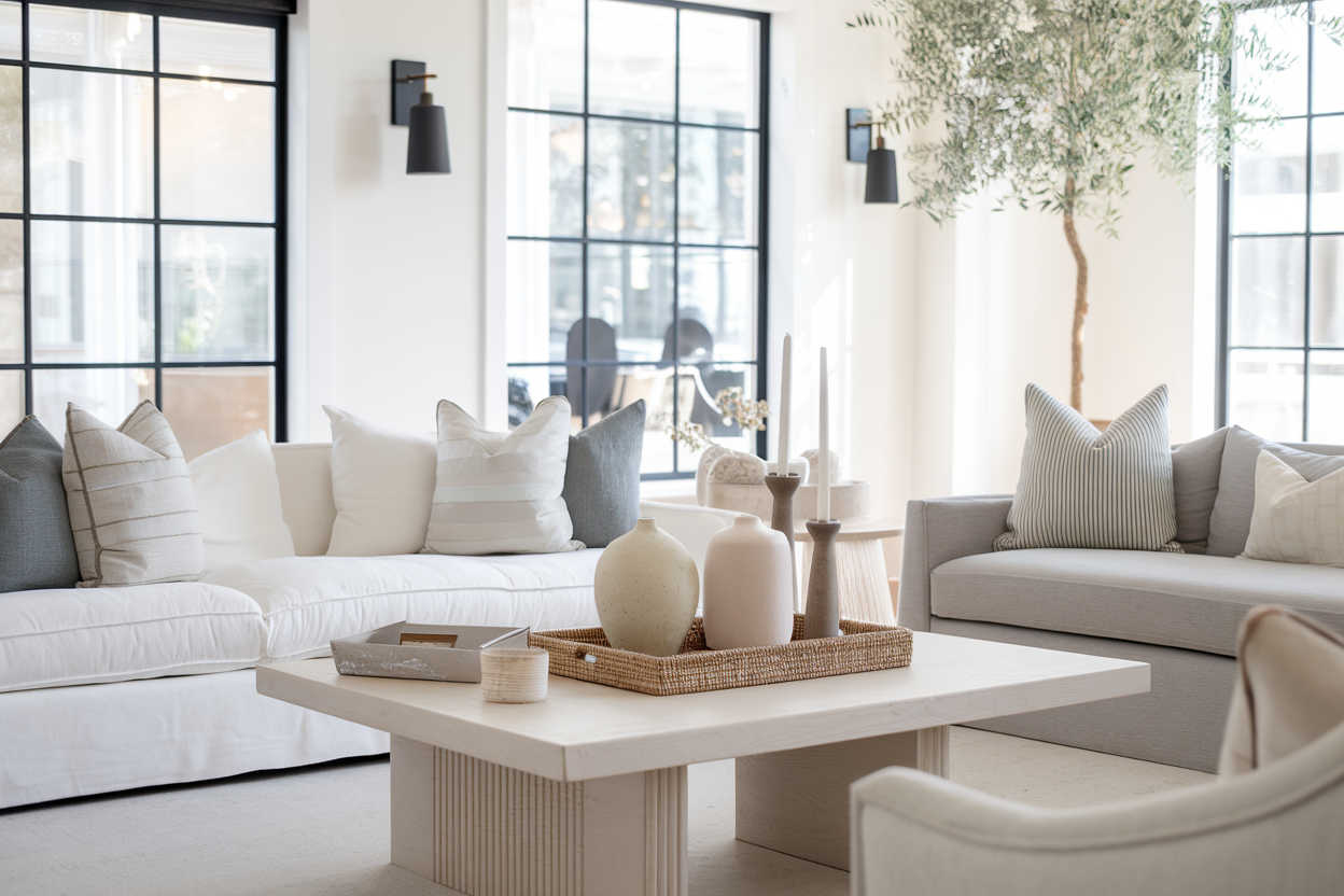 Bright and cozy living room featuring a white sofa with neutral throw pillows, a gray sofa, a light wooden coffee table with decorative items including a woven basket and ceramic vases. Large black-framed windows allow natural light to illuminate the room, while black sconces with gold accents and a tall olive tree in the corner add a touch of elegance and nature. The space is styled with a minimalist, neutral aesthetic and soft textures.