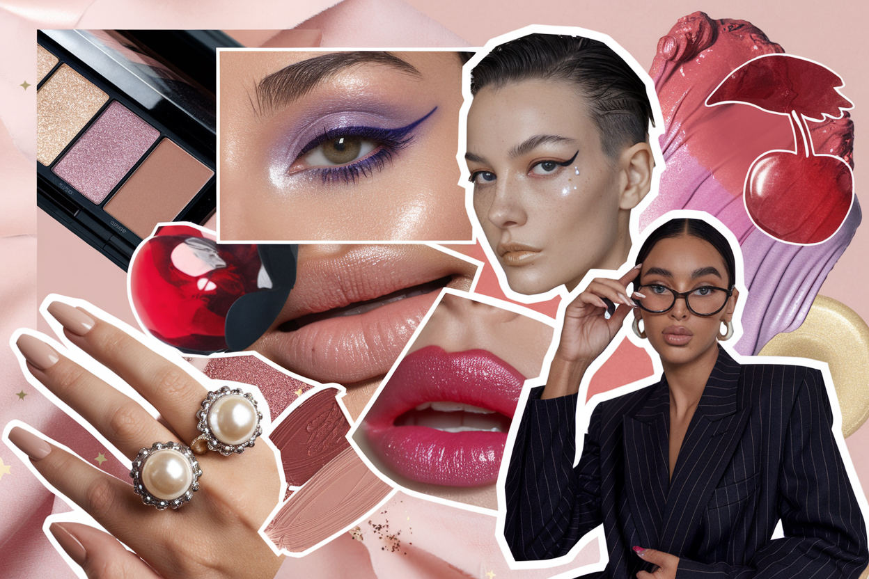 A vibrant collage on a soft pink background featuring beauty and makeup elements. Includes an eyeshadow palette with shimmering shades, a close-up of an eye with bold purple eyeliner, glossy lips in natural and pink tones, and a cherry-themed lip gloss. Highlights also include a hand adorned with pearl statement rings and manicured nails, a model with sleek short hair and glitter accents, and a woman in a pinstriped blazer wearing bold glasses. The mix of textures, colors, and styles creates a chic and modern aesthetic