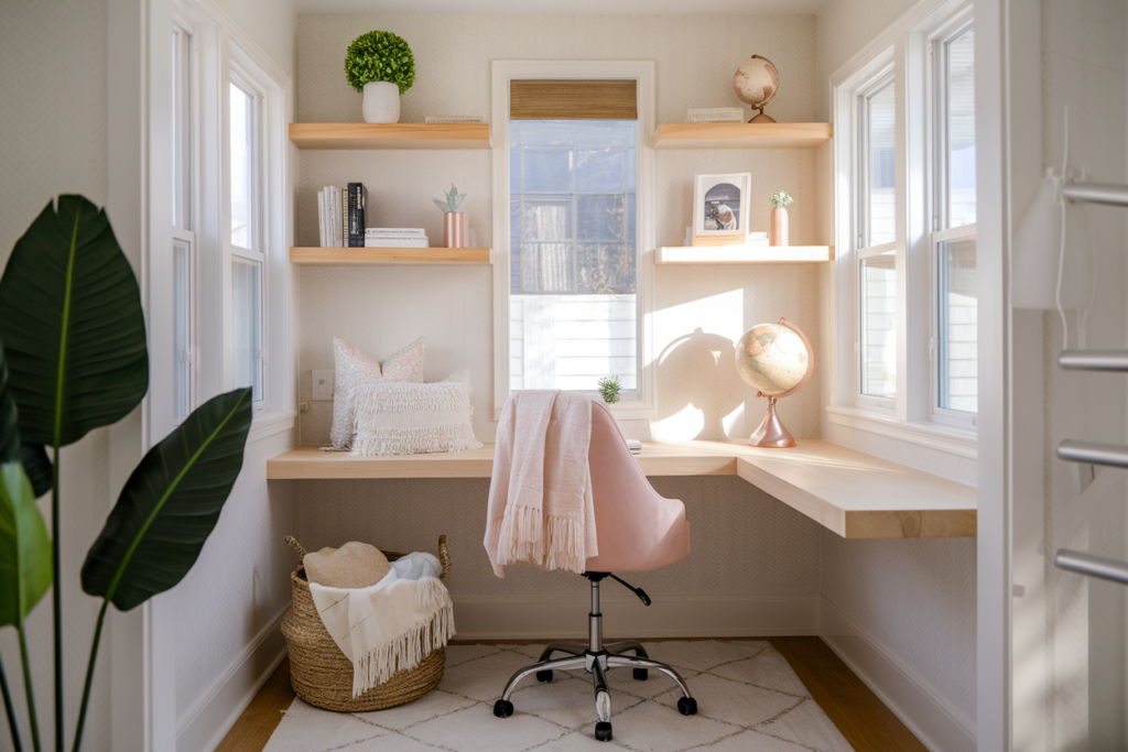A photo of a cozy and stylish small home office nook with a light and airy aesthetic. There is a wooden built-in desk with natural wood floating shelves above, decorated with minimalistic items like books, a small green plant in a white pot, a globe with a rose gold finish, and a framed photo.