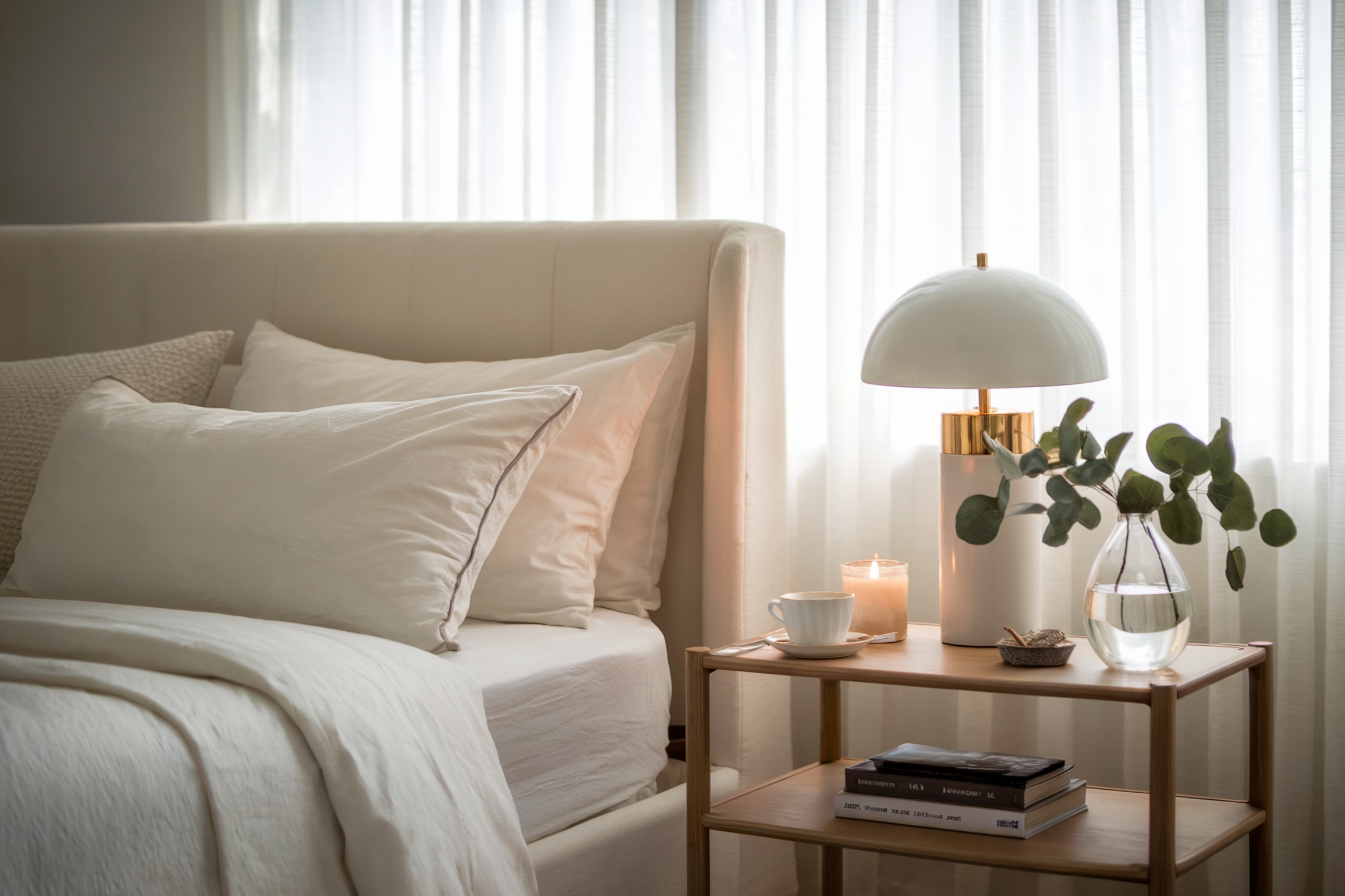 A cozy minimalist bedroom scene with soft natural lighting. The room features a light cream upholstered headboard, white bedding with layered pillows, and a simple wooden nightstand. On the nightstand, there is a white lamp with gold accents, a lit candle, a cup of tea, and a small stack of books. A clear glass vase with greenery is placed next to the lamp. The curtains are sheer white, allowing gentle daylight to fill the room, creating a serene and inviting atmosphere.
