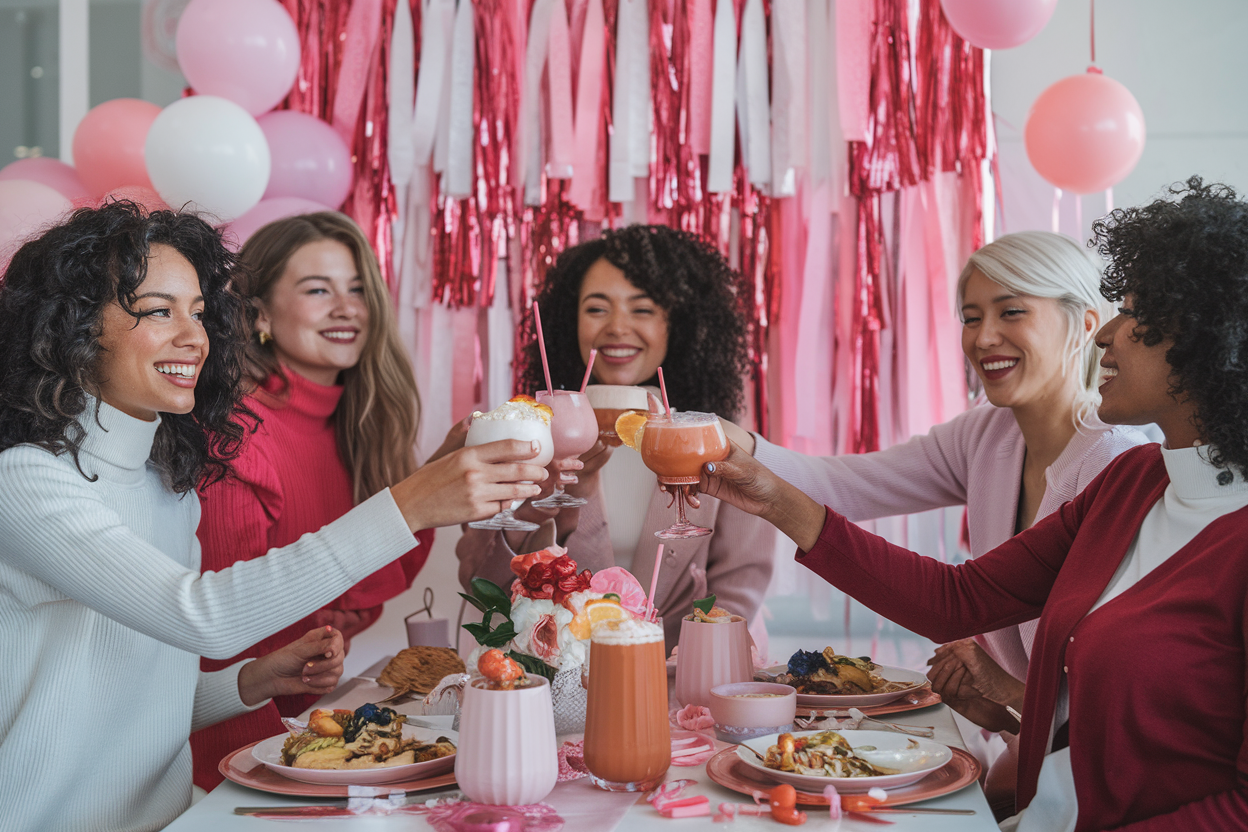 A photo of a group of different ethnicity women celebrating Galentine's Day. They are having brunch at a table covered with pink and white decorations.