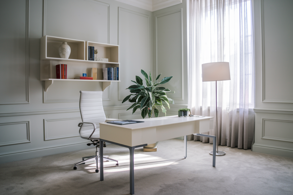 A photo of an office with light gray walls, a white desk, and a chair. A potted plant sits on the floor. A lamp with a white shade is placed next to the desk.