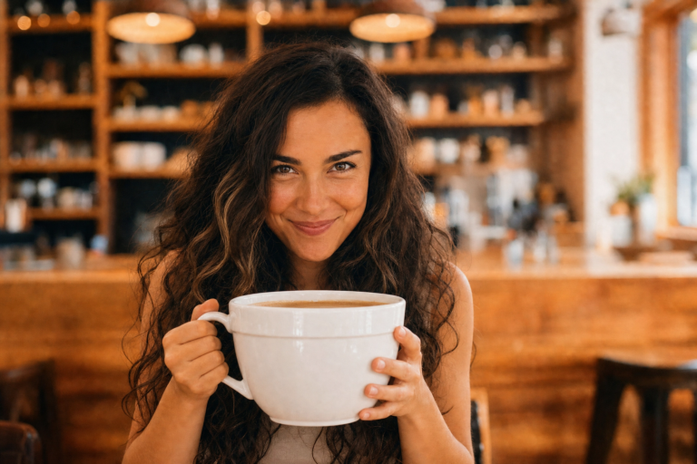Woman and coffee shop holding oversized coffee cup